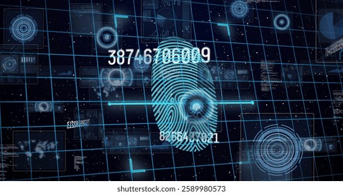 Image of scanning with fingerprint and data processing on black background. Global technology, computing and digital interface concept digitally generated image.