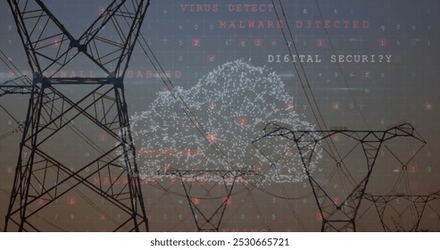 Image of scanning, virus warning and digital cloud over electricity poles. Energy, electricity, data processing, security and technology concept digitally generated image. - Powered by Shutterstock - Get 15% off with code: PIKWIZARD15