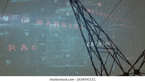 Image of scanning, virus warning and digital padlock over electricity poles. Energy, electricity, data processing, security and technology concept digitally generated image.