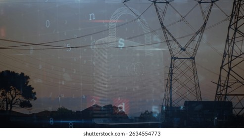 Image of scanning, virus warning and digital padlock over electricity poles. Energy, electricity, data processing, security and technology concept digitally generated image.