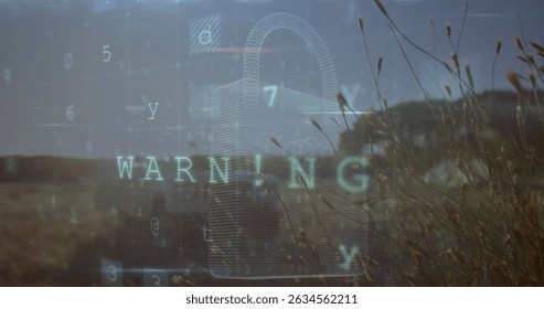 Image of scanning, virus warning and digital padlock over landscape. Energy, electricity, data processing, security and technology concept digitally generated image.