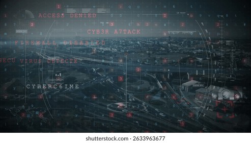 Image of scanning warning over data processing and cityscape. Internet safety, data security, hacking and technology concept digitally generated image.