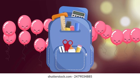 Image of school bag icon and pink balloon icons against spots of light. School and education concept - Powered by Shutterstock