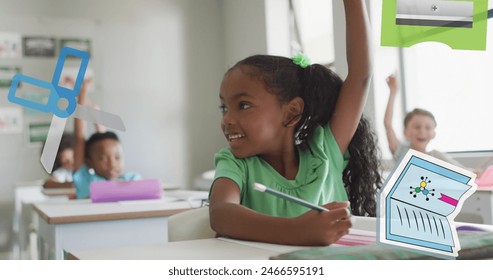 Image of school equipment over happy biracial schoolgirl raising hand in diverse class. School, childhood, education and learning, digitally generated image. - Powered by Shutterstock