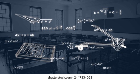 Image of school icons and mathematical equations over empty classroom. Education, learning, knowledge, science and digital interface concept digitally generated image.