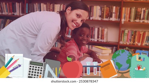 Image of school icons over smiling caucasian female teacher with african american schoolboy. national teacher day and celebration concept digitally generated image. - Powered by Shutterstock