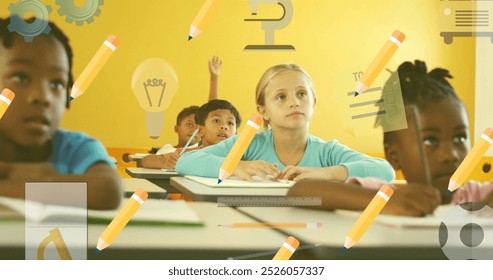 Image of school items icons over diverse schoolchildren raising hands. global education and school concept digitally generated image. - Powered by Shutterstock