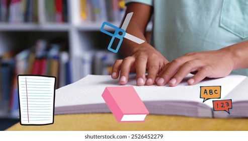 Image of school items icons over schoolboy reading braille. back to school and education concept digitally generated image. - Powered by Shutterstock