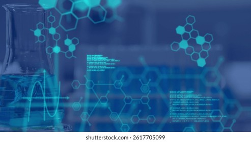 Image of science data processing and formulas over laboratory. education and learning concept digitally generated image.