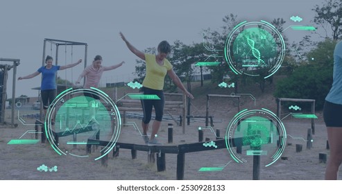 Image of science data processing over diverse women at obstacle course balancing. Global sport, health, fitness and digital interface concept digitally generated image. - Powered by Shutterstock