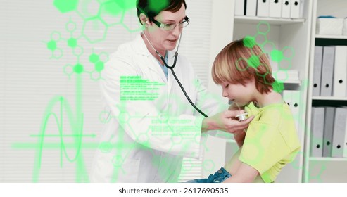 Image of science data processing over female doctor and patient. global science, connections, data processing and digital interface concept digitally generated image.