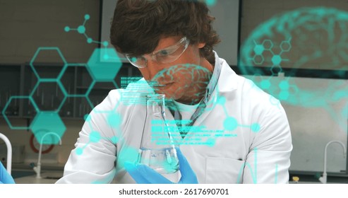 Image of science data processing over male caucasian scientist. global science, connections, data processing and digital interface concept digitally generated image.