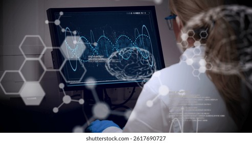 Image of science data processing over female caucasian scientist. global science, connections, data processing and digital interface concept digitally generated image.
