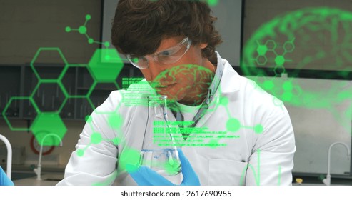 Image of science data processing over male caucasian scientist. global science, connections, data processing and digital interface concept digitally generated image.