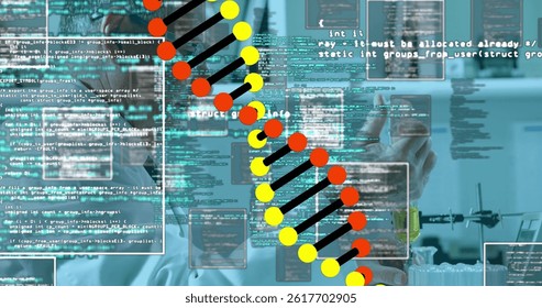 Image of science data processing over scientist in laboratory. global science, connections, data processing and digital interface concept digitally generated image.