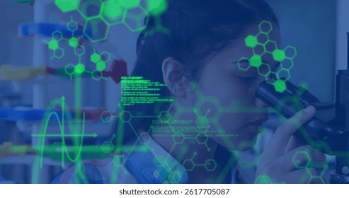 Image of science data processing over biracial schoolgirl. education and learning concept digitally generated image.