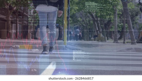 Image of science data processing over street. Global science, connections, data processing and digital interface concept digitally generated image.