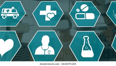 Image of science icons over two diverse people using vr headsets. Global science, connections, data processing and digital interface concept digitally generated image.