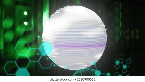 Image of scientific data, brains and globe moving over servers. Global network, data processing, digital communication and technology concept digitally generated image.