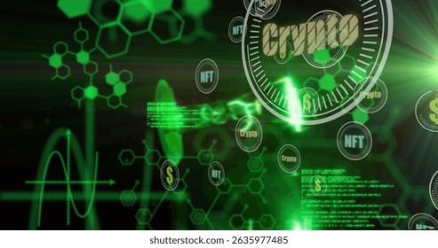 Image of scientific data, crypto and graphs on black background. Science, data processing, crypto currency and technology concept digitally generated image.