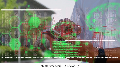 Image of scientific data over hands of caucasian man using smartphone. Data processing and technology concept digitally generated image. - Powered by Shutterstock - Get 15% off with code: PIKWIZARD15