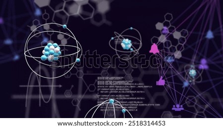 Image of scientific data processing and atoms over network of connections. Global science, connections, computing and data processing concept digitally generated image.
