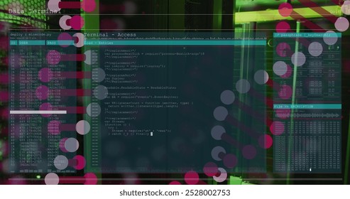 Image of scientific data processing and dna strands spinning. Global science, medicine and healthcare services concept digitally generated image.