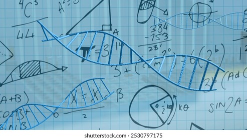 Image of scientific data processing and dna strand spinning. Global science, medicine and healthcare services concept digitally generated image.