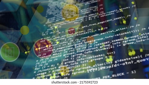 Image of scientific data processing over server room. global science, technology and digital interface concept digitally generated image.