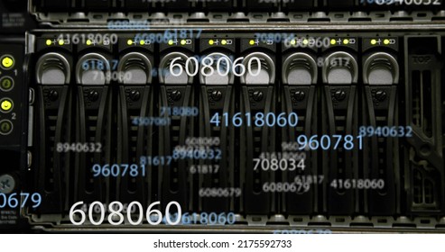 Image of scientific data processing over server room. global science, technology and digital interface concept digitally generated image.