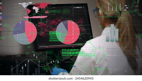 Image of scientific data processing over caucasian female scientist in laboratory. Global research, medicine, science, computing and data processing concept digitally generated image. - Powered by Shutterstock