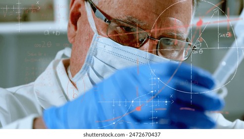 Image of scientific data processing over caucasian male scientist. Science, research, computing and data processing concept digitally generated image.