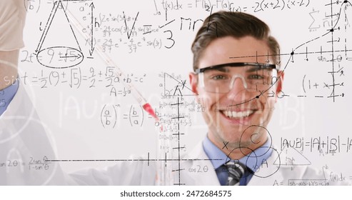 Image of scientific data processing over caucasian male scientist. Science, research, computing and data processing concept digitally generated image.