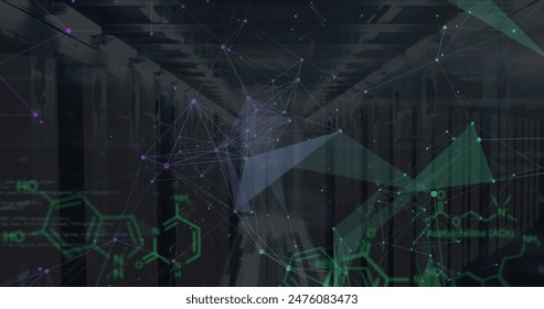 Image of scientific data processing over servers. Global science, computing and data processing concept digitally generated image.