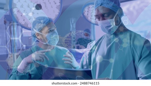 Image of scientific data processing over diverse surgeons in hospital. Global medicine, science, data processing and digital interface concept digitally generated image.