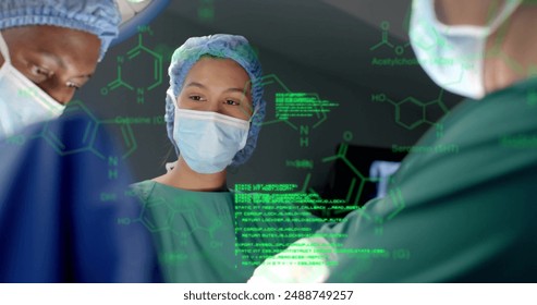 Image of scientific data processing over diverse surgeons in hospital. Global medicine, science, data processing and digital interface concept digitally generated image.