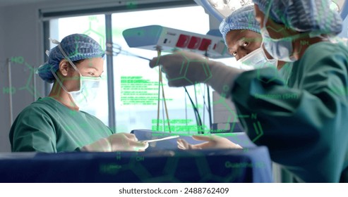 Image of scientific data processing over diverse surgeons in hospital. Global medicine, science, data processing and digital interface concept digitally generated image.