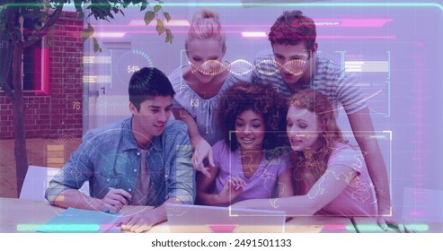 Image of scientific data processing over diverse students. Global education, learning, school, digital interface and data processing concept digitally generated image.