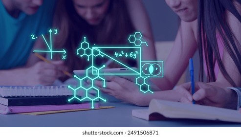 Image of scientific data processing over diverse students. Global education, learning, school, digital interface and data processing concept digitally generated image.
