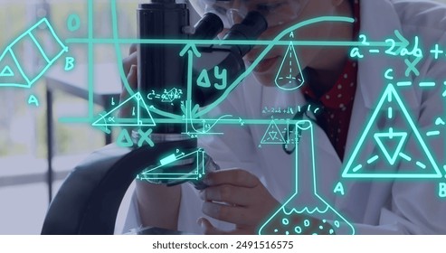 Image of scientific data processing over caucasian female scientist with microscope. Global education, learning, school, digital interface and data processing concept digitally generated image.