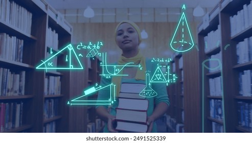 Image of scientific data processing over biracial female student. Global education, learning, school, digital interface and data processing concept digitally generated image.