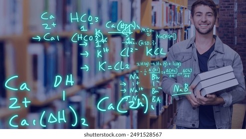 Image of scientific data processing over caucasian male student in library. Global education, learning, school, digital interface and data processing concept digitally generated image.