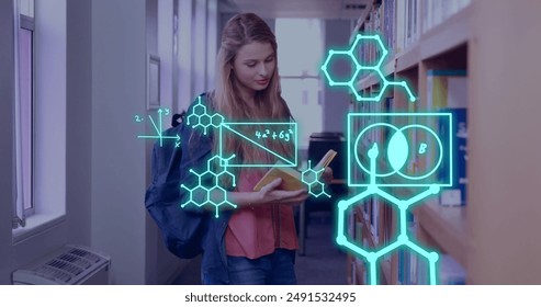 Image of scientific data processing over caucasian female student. Global education, learning, school, digital interface and data processing concept digitally generated image.