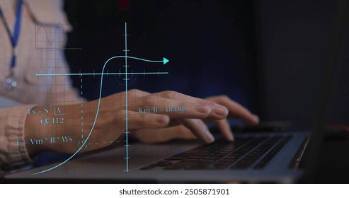 Image of scientific data processing over caucasian female it technician by servers. Global science, connections, computing and data processing concept digitally generated image.