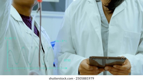 Image of scientific data processing over diverse scientists in laboratory. Global science, connections, computing and data processing concept digitally generated image.