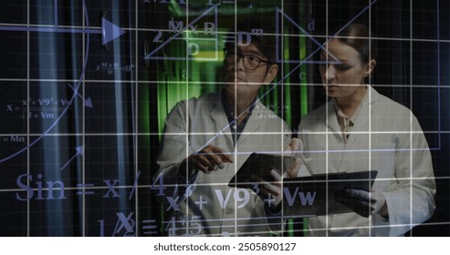 Image of scientific data processing over diverse it technicians by servers. Global science, connections, computing and data processing concept digitally generated image.