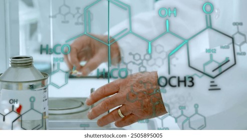 Image of scientific data processing over caucasian male scientist in laboratory. Global science, connections, computing and data processing concept digitally generated image.