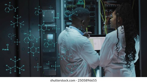 Image of scientific data processing over diverse it technicians by servers. Global science, connections, computing and data processing concept digitally generated image.