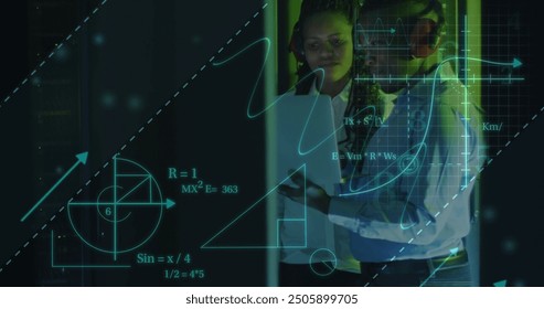 Image of scientific data processing over diverse it technicians by servers. Global science, connections, computing and data processing concept digitally generated image.