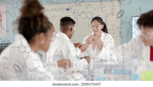 Image of scientific data processing over diverse students in laboratory. Artificial intelligence, education, connections, computing and data processing concept digitally generated image.